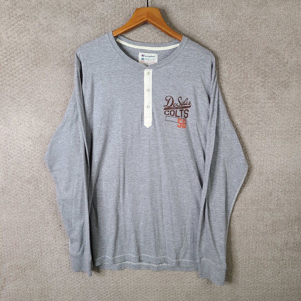 Champion Shirt Mens XXL Gray Henley DeSales Colts 56 Cotton Blend Long Sleeve
